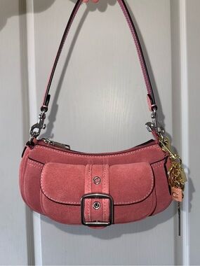 Coach Rose Pink Suede Shoulder Bag with Buckle Detail and Purse Charm